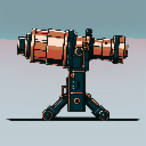 I want a tall vertical copper rotary minigun viewed from from the side. I want this object usable an asset in a videogame, meaning only one object per image, outlined with a strong black stroke, on a solid-color background.