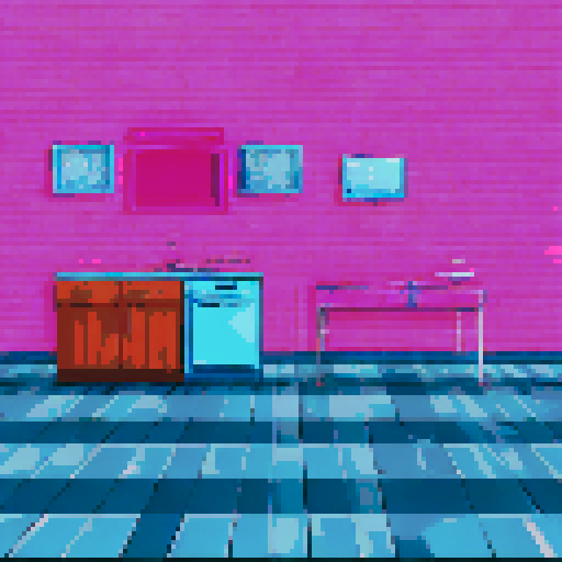sidescroller background, tattoo shop countertop, workstation, checkered floor, light blue walls, pink walls, pictures, tattoo flash, sRGB, pixel art, background, landscape