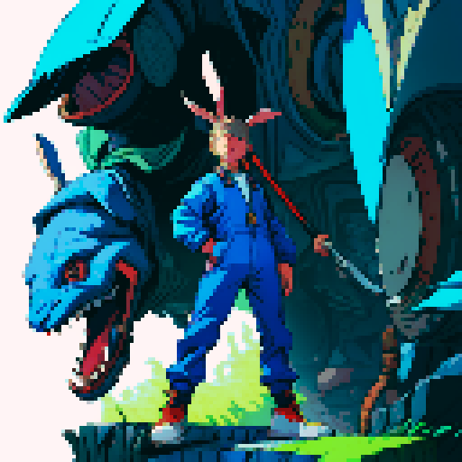 A character, who is a rabbit man, in blue coveralls carrying a giant wrench