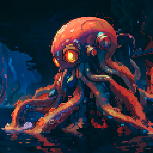 Squid, vibrant colors, underwater landscape, delicate tentacles, swirling patterns, pixelated details, sRGB, captivating art style