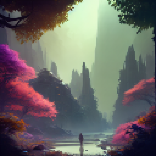 "Shaded clearing in a vividly-lit forest with a babbling creek and colorful flowers, rendered in a highly-detailed, cinematic style."