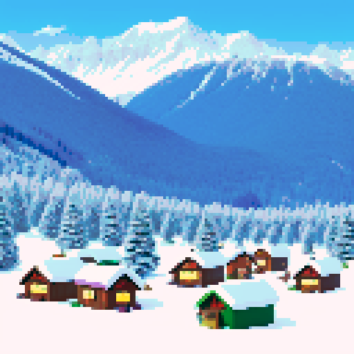 snowy mountain range ski town with a tiny lodge, igloo, campsite, cold, pixel art, sRGB, christmas themed