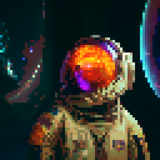 A neon-lit spaceship hovers above a desolate planet, surrounded by swirling purple clouds, as a lone astronaut in full cyberpunk gear gazes out into the starry night sky, clutching a glowing crystal in one hand and a laser gun in the other