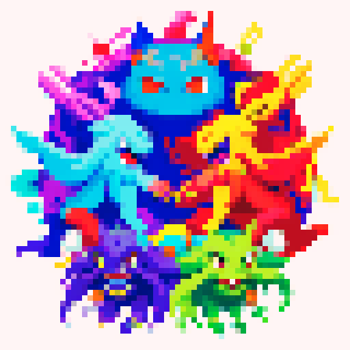 Pokemon-like monsters, vibrant and whimsical, rendered in intricate pixel art with a vibrant sRGB color palette
