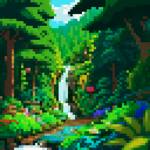 Towering evergreens and a cascading waterfall in the background, a lone fox darts through the vibrant underbrush in a pixelated forest landscape