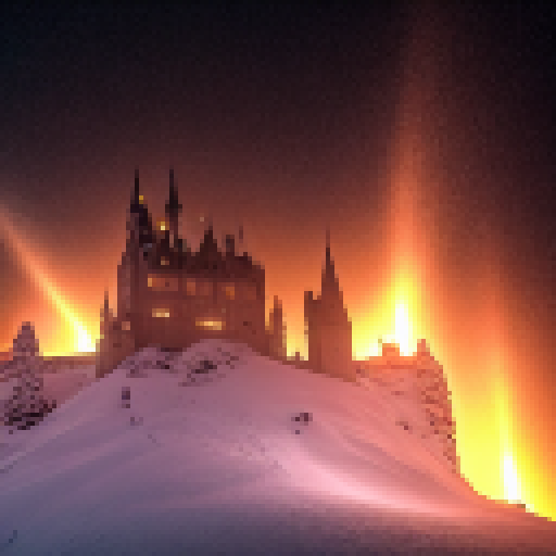 A enormous gothic castle embedded in a mountain. It is winter. There are feathered dragons flying close. it is night. Castle is lighted by aurora borealis and torches
