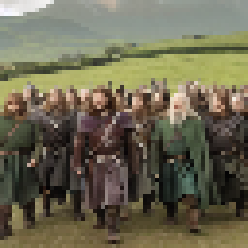 Lord of the Rings The Fellowship of the Ring Gandalf Gimli Aragorn Legolas Boromir Pippin Merry Frodo Sam walking snowy mountain tops green pastures sweeping large landscape sunny Middle Earth