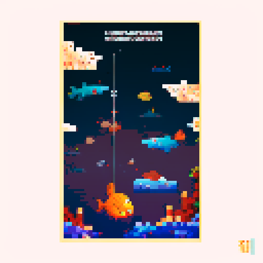vertical underwater scene, bright fish fleeing, trawl chasing, fish hooks, sea mines, nests, fishing boat launching hooks, bright, sunny, atmospheric, pixel art, sRGB