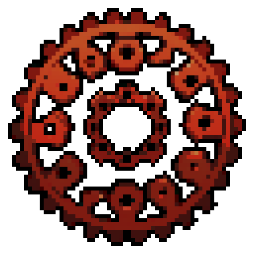 five small rusty copper gears, all different. Usable as assets (clear, thick lines and a solid color background)