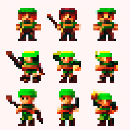 overhead view movment sprite sheet for a ranger in a rpg game 