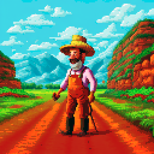 A jovial farmer, adorned in opulent attire, stands amidst bags of golden coins, framed by a pixelated backdrop of rolling hills and azure skies in vibrant sRGB hues
