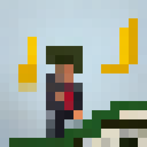 Pixelated self-portrait featuring a quirky, bespectacled character with a bushy mustache, wearing a vibrant Hawaiian shirt and holding a giant slice of watermelon.