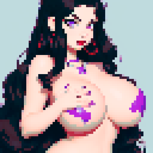 curvy, cute, goth girl,  black hair, purple eyeshadow, red lipstick. Nude glamour shot.