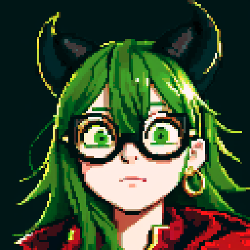 messy green hair, small black horns, round gold glasses, gold ear piercings, red jacket, pixel art, sRGB