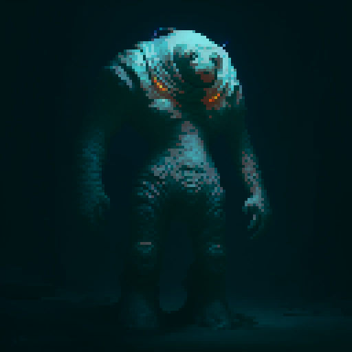 Giant golem made of rocks, wandering through a cave