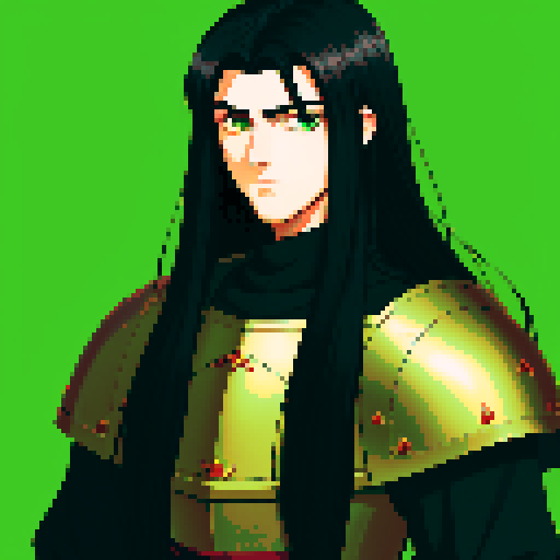Young knight with long black hair, green eyes, handsome, anime style, fantasy medieval