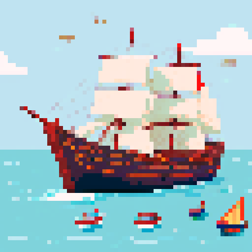 workers, bustling, loading, sailing ship, busy harbour, 16th century, pixel art, rainy day, sRGB
