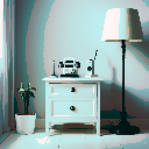 White nightstand, old black telephone on top, white tall floor lamp to right