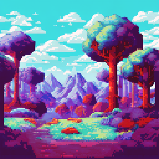 Rolling hills of emerald green, dotted with colorful wildflowers and framed by a deep blue sky, all rendered in crisp pixel art reminiscent of classic RPG backgrounds