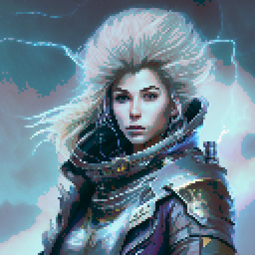 Here is the illustration of Thalrin Stormcaller, the powerful storm wizard from the CryptoWizards game. Thalrin is depicted with long, wild silver hair and piercing blue eyes that reflect his mastery over storm magic. He is adorned in a blue and white robe with lightning bolt motifs, holding a staff that constantly emits sparks, topped with a lightning bolt. The background shows a stormy sky with dark clouds and flashes of lightning, emphasizing his control over the elements. Thalrin's confident