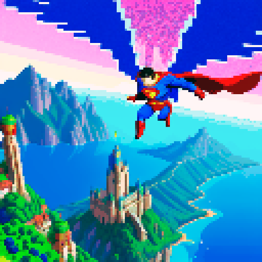 pixelated superman soaring through a vibrant, pixelated fantasy RPG world, with majestic mountains, towering castles, and mystical creatures
