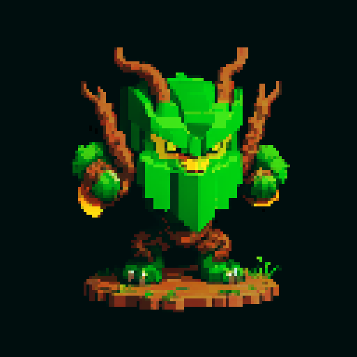 A vigilant guardian made of sturdy wood and roots, with sharp branches and glowing yellow eyes. It has a fierce expression and an imposing stance, dedicated to safeguarding the forest. No background.
