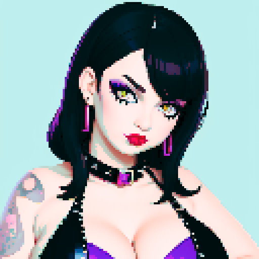 Cat girl, curvy, cute goth woman with black hair, purple eyeshadow, and red lipstick, wearing a bikini, studded collar, portrait, face avatar, in a glamour shot, sRGB color