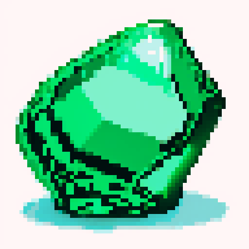 Emerald gem shining with vibrant green hues, pixelated and meticulously crafted in sRGB color profile