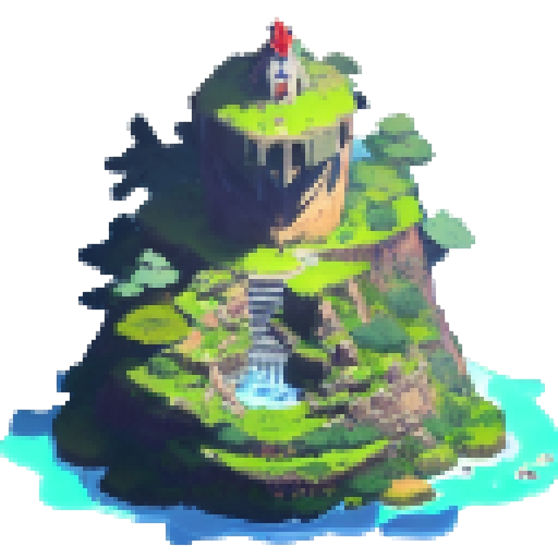 Floating castle with cascading waterfalls, surrounded by fluffy white clouds, perched on a mountain peak overlooking a vast, lush green landscape, depicted in a portrait style.