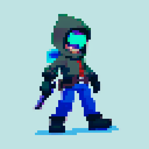 Game character rogue-like game with 2D platformer view, regular guy with weapon and hand pet, cyberpunk, gray background, 16-bit, controls time, gray background