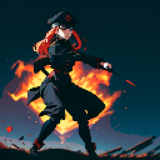 full-body image, military general woman, black uniform, black hat, evil, facing left, ready to fight, war background, battlefield, warfare