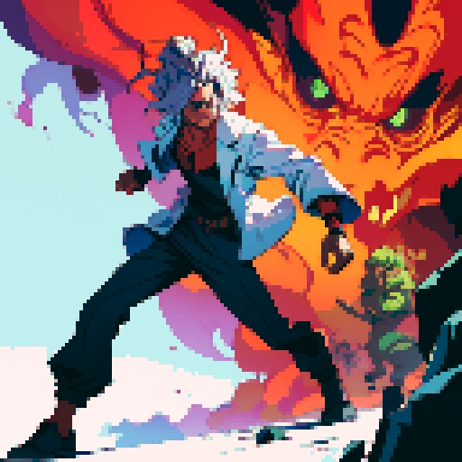 full-body image mad scientist facing left, ready to fight