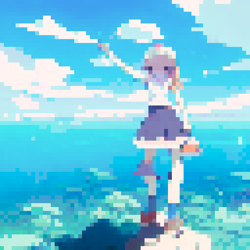 "Ghibli girl floats in serene waters surrounded by vibrant fishes and coral, with a colorful sunset sky above her head, all in classic anime style."