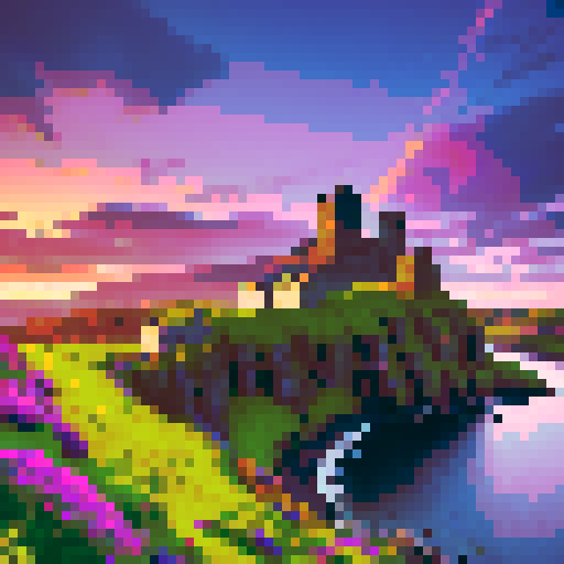 Isle of Skye, misty mountains, vibrant heather fields, quaint cottages, rocky cliffs, cascading waterfalls, sheep grazing, rugged coastline, ancient castles, colorful fishing boats, dramatic sunsets