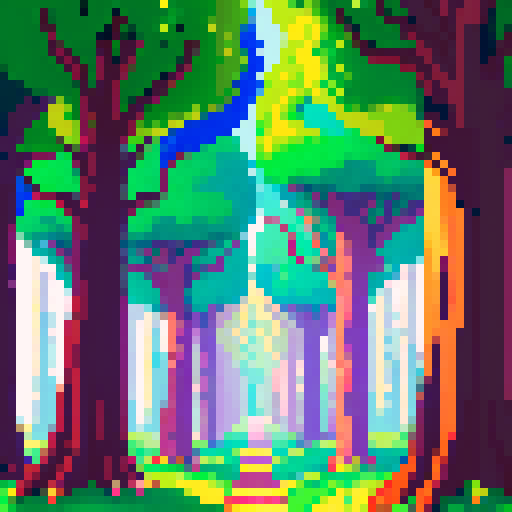 Vibrant, towering, and lush trees surrounded by a pixelated world of vibrant colors