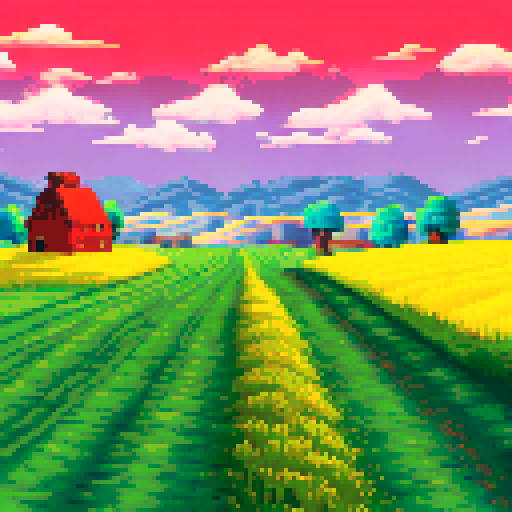 Rolling hills covered in golden wheat fields, a red barn nestled in the distance, a flock of geese flying overhead against a clear blue sky, all in a pixel art style with a sRGB background
