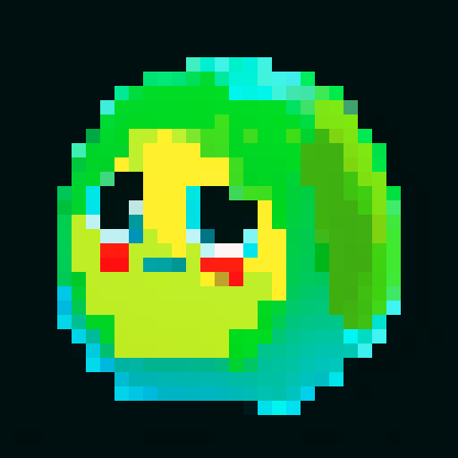 A larger, more formidable amorphous blob with a thicker, more opaque green body. It has bigger eyes and a wider smile, with more bubbles inside. No background.
