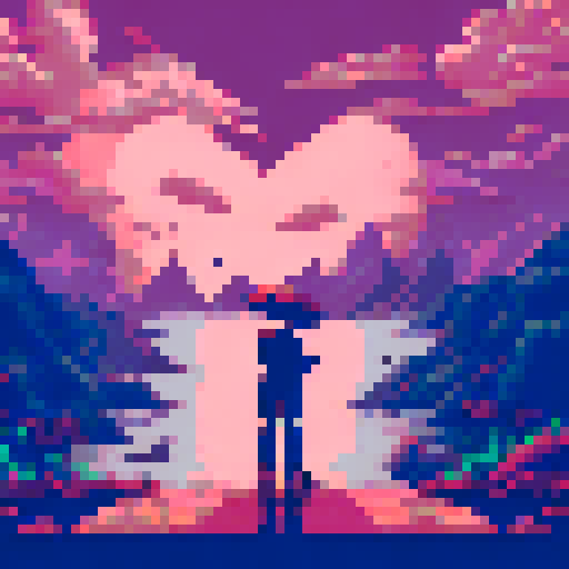 A pixel art depiction of the Three of Swords tarot card. In the center, a large, pixelated heart is pierced by three swords, arranged in a triangular pattern. The heart and swords are detailed with simple, blocky shapes. The background is a stormy sky, with pixelated dark clouds and heavy rain, emphasizing a sense of sorrow and heartbreak. The rain is depicted with vertical lines of varying lengths, and lightning bolts can be seen in the distance, adding dramatic effect. The overall color palett