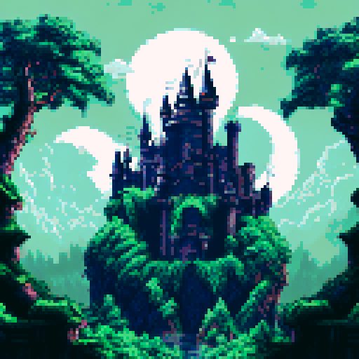 Gargoyles perched atop mossy stone walls, a full moon casting eerie shadows on the Gothic castle's turrets, a misty gray landscape stretching out before it