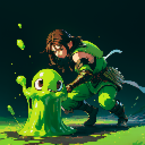 slime slamming into a hero, impact, splattering, full-body image, hero has brown hair and metal armor, slime is green