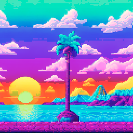 vibrant, 16-bit, Sega Genesis style palm trees swaying on a vaporwave beach with a golden sunset casting sRGB colors over the water