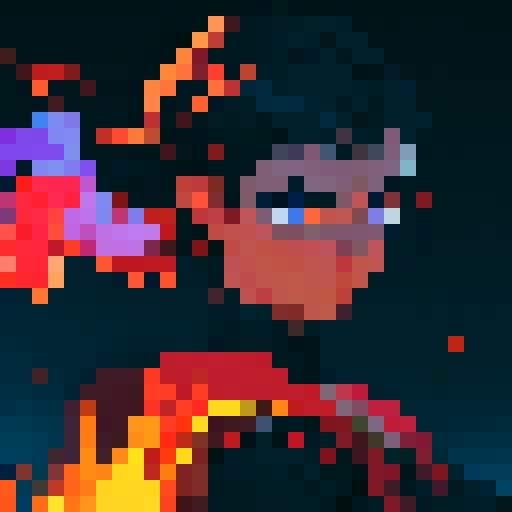 skill icon of a flame, vibrant colors, pixel art, dynamic motion, glowing embers, sharp edges, flickering light, high contrast, sRGB color space, fiery intensity, intricate details