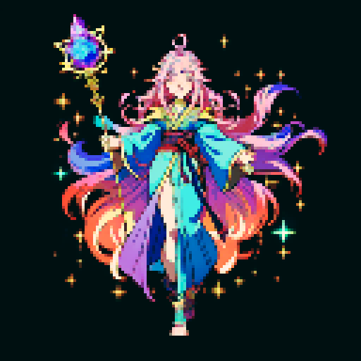 legendary anime girl wizard, long flowing hair, vibrant and dynamic colors, glowing magical staff, intricate and ornate robes, intense and focused expression looking to the right, not wearing shoes, sparkling and shimmering background, detailed and precise pixel art

