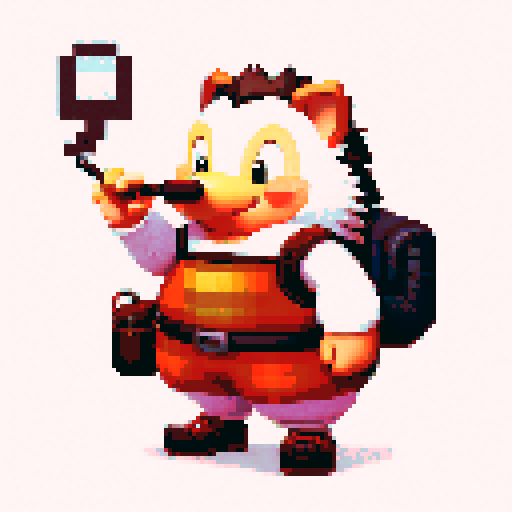 antropomorphic smiling hedgehog with travellers backpack and smoking pipe