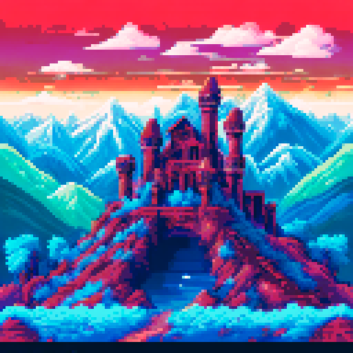 snow-capped mountains, dilapidated houses, ancient ruins, vibrant pixelated colors, sRGB palette, detailed background, awe-inspiring landscape