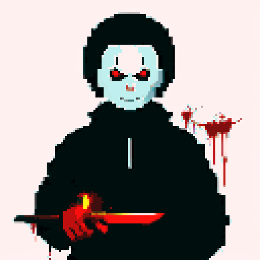Michael Myers, dark silhouette, looming presence, blood-red eyes, pixelated horror, sRGB color palette, chilling atmosphere, knife-wielding figure