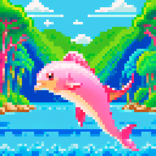 pink dolphin, jumping, river, rainforest, pixel art, sRGB