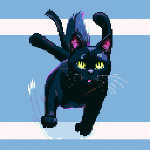 Action shot of a single jumping black cat with claws, vibrant sRGB colors. Sega genesis 16-bit style.