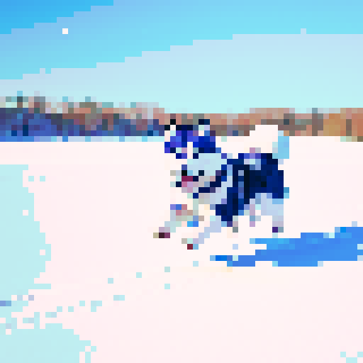 cute husky dog, running in a snowy field, winter wonderland, vibrant colors