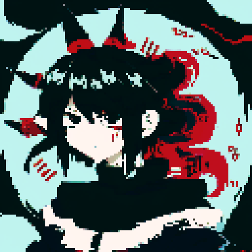 Half-demon warrior with long black hair cascading down their back, captivating fusion of contrasting elements, red eyes reflecting fierce determination and vulnerability, attire blending traditional and modern influences from human and demon cults, character portrait, close up, anime style, pixel art